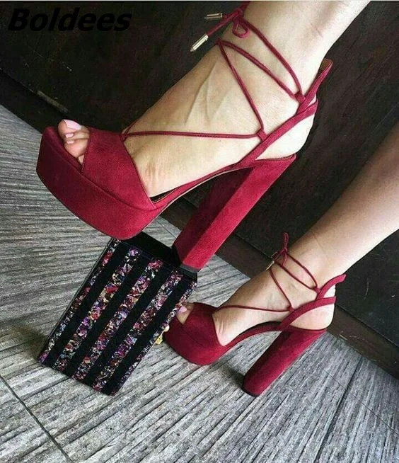 

Glamorous Rose Red Suede Chunky Heel Sandals Fancy Peep Toe Block Heel Lace Up Dress Sandals Fashion Cut-out Date Platform Shoes
