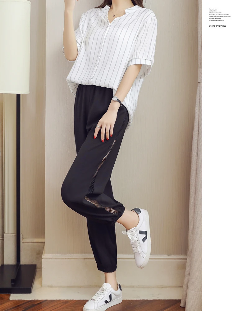 2019 Plus Size Two Piece Set Women Shirt+Elastic Waist Pants Joggers Striped Tops Casual Hollow Pant Sets For Woman Summer |