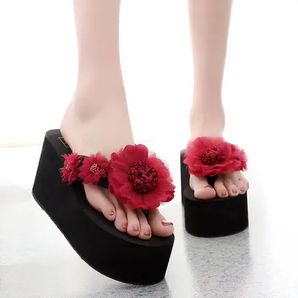 red 8cm style2 Женские шлепанцы на танкетке и высоком каблуке Женская обувь г. Новые модные летние пляжные сандалии красного цвета с толстой подошвой вьетнамки - Цвет: red 8cm style2