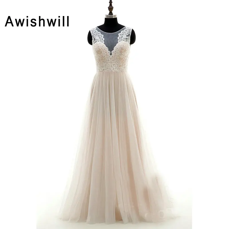 

Fashion Vestido de Noiva Scoop Neckline Appliqued Draped Lace Appliques A-line Tulle Bridal Gowns Princess Wedding Dress