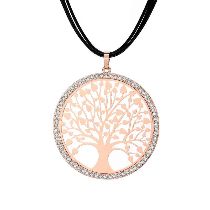 Rose Gold Color Серебряный Круглый Дерево жизни Цепочки и ожерелья для Для женщин Кристалл полые кулон Цепочки и ожерелья три черные кожаные цепи длинный свитер цепи подарок - Окраска металла: Rose Gold Color