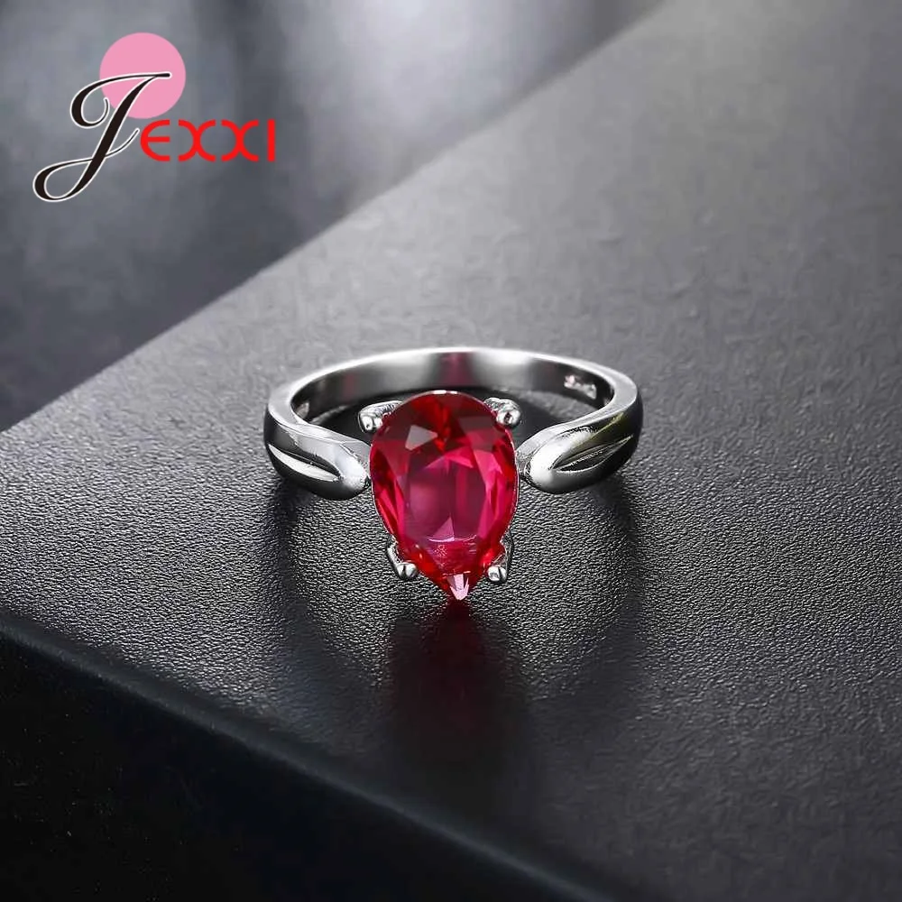 

European Red Waterdrop Crystal 925 Sterling Silver Bridal Wedding Rings For Brides Fashion Engagement Propsal Ring Jewelry