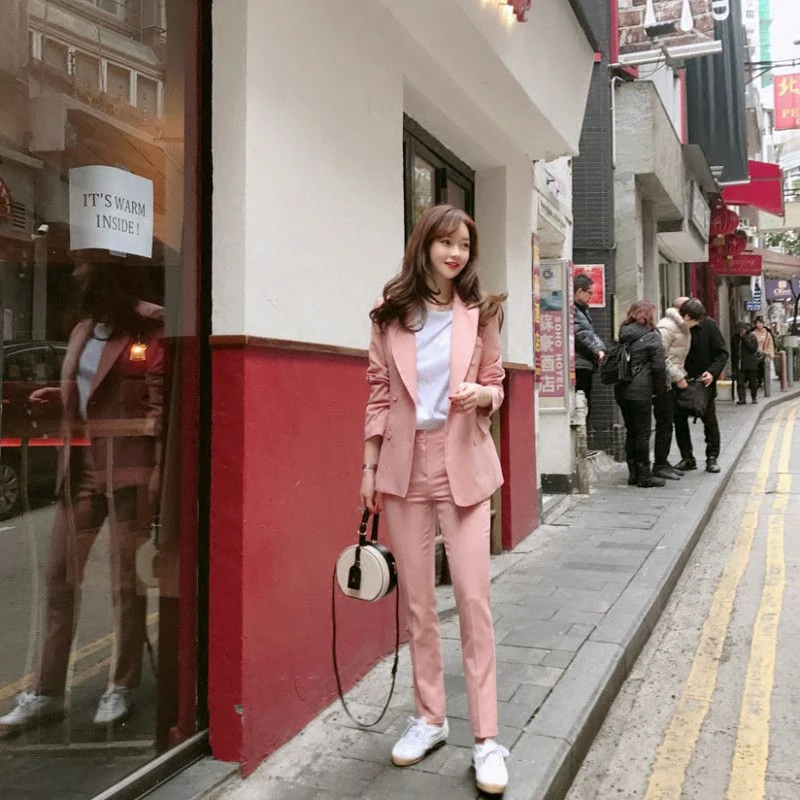 Женский брючный костюм Harajuku однотонный двубортный пиджак повседневный из двух