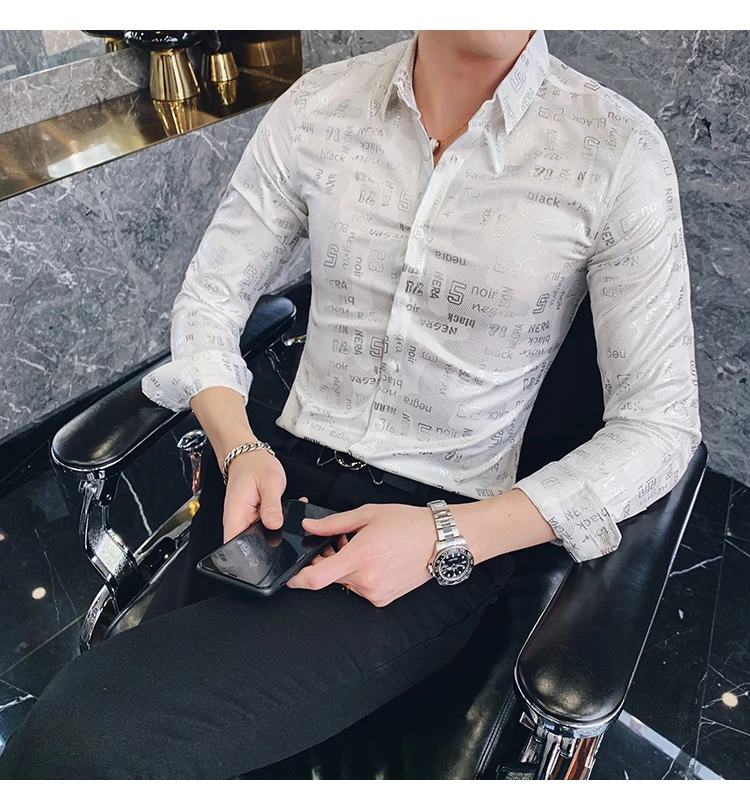 Camisa Social, приталенные, серебристые, золотые, с принтом, рубашки, Camisa MasculinaRopa De Hombre, повседневные рубашки, мужские Клубные рубашки, дизайнерские