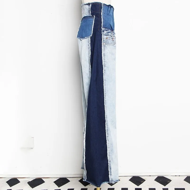 TWOTWINSTYLE Casual Denim Patchwork Women Trousers High Waist Hit Color Big Size Wide Leg Pants Female Fashion Spring 2020 New