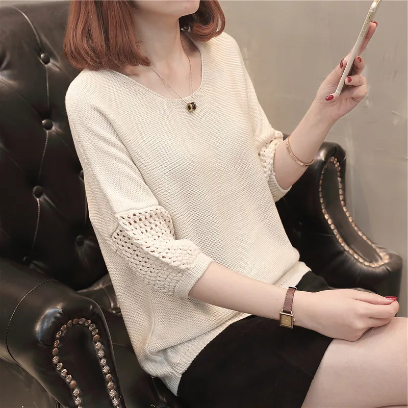 spring and summer new sweater Round neck five-point sleeve Leisure femal hollow thin shirt loose lantern ZX066 | Женская одежда