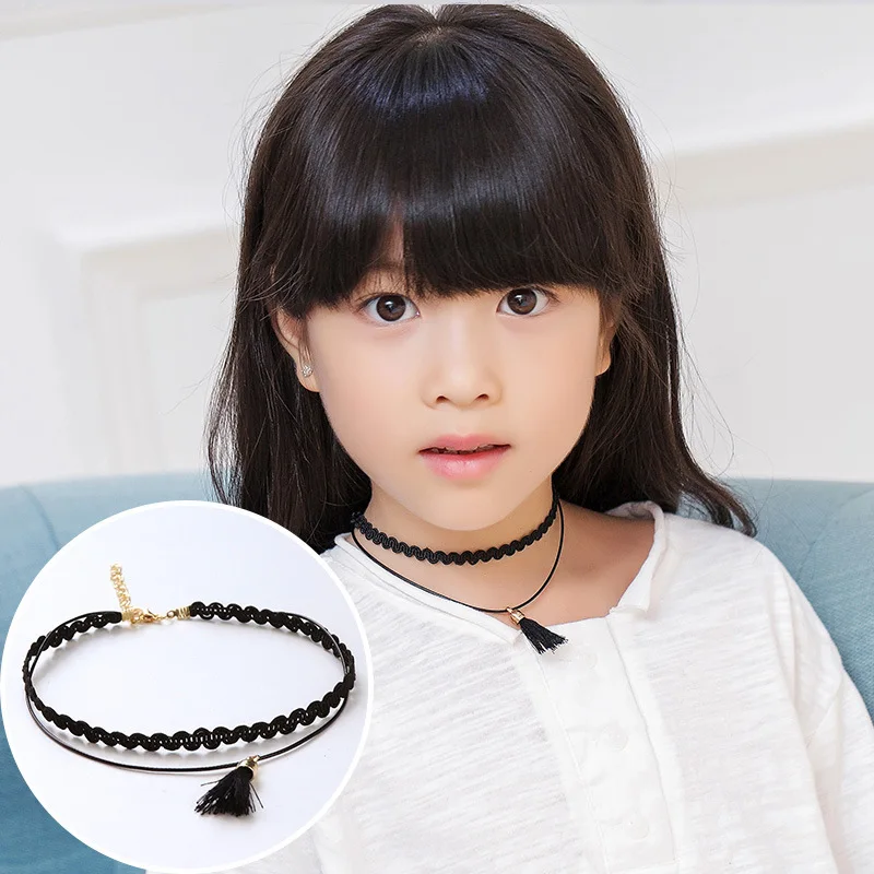 Double wave tassel Детское ожерелье, колье до ключиц для девочек, ожерелье для детей, цепочка с украшением, кружевной эластичный вязаный воротник, короткое ожерелье для женщин - Окраска металла: Double wave tassel