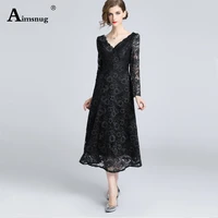 fashion mesh lace black women dresses 2019 new autumn vintage hollow out embroidery a line female the dress elegant vestidos