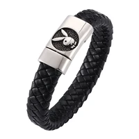 fashion men jewelry trendy black braided leather bracelet retro rabbit pattern stainless steel magnetic clasp bangle punk sp0258
