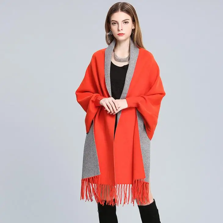 orange gray Зимние женские шарфы длинная шаль Толстая теплая кисточка кашемировое одеяло пончо Твердые роскошные женские шарф накидка с рукавами - Цвет: orange gray