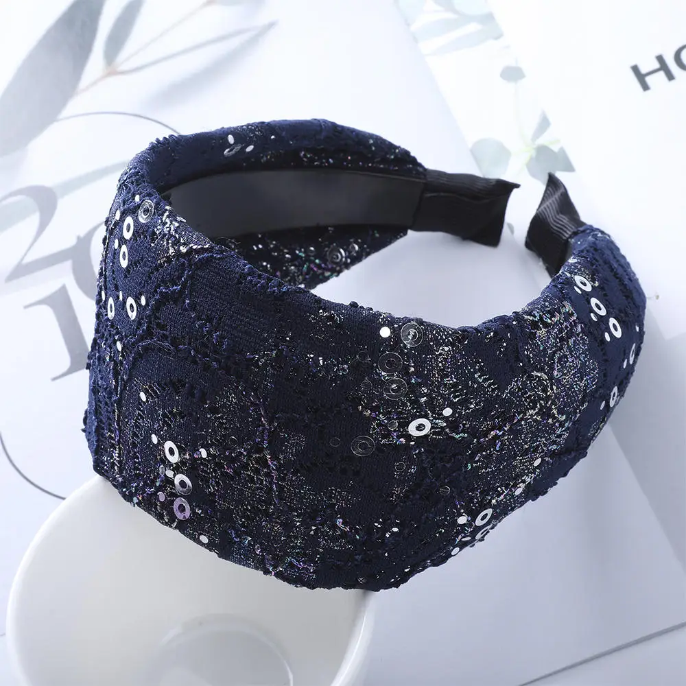 navy AWAYTR модная широкая повязка для волос в богемном стиле с блестками однотонная женская плетеная резинка для волос завязанная повязка на голову индивидуальные аксессуары для волос - Цвет: navy