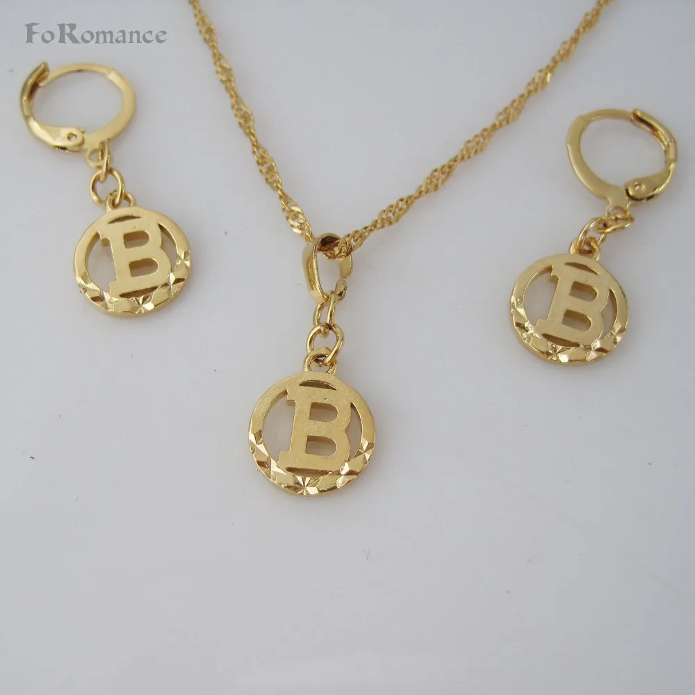 FoRomance- HIGH QUALITY GOLD GP 26 LETTERS INITIALS FROM A TO T CIRCLE STAR CARVED PENDANT 18&quot WATER WAVE NECKLACE EARRING SET |