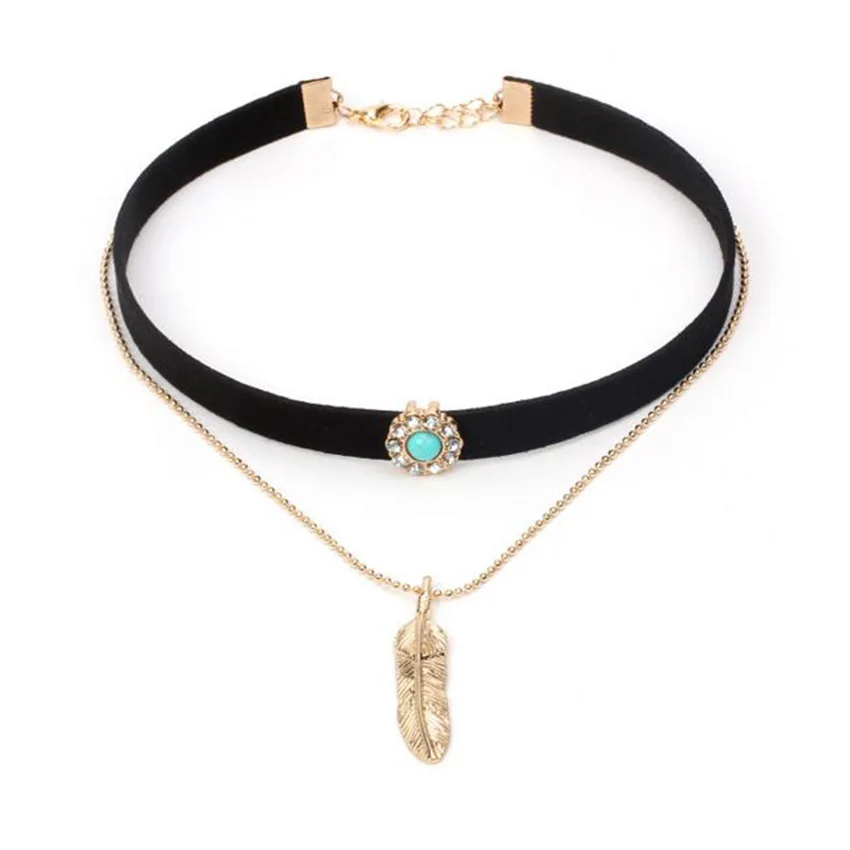 Бохо черный бархат Чокер Ожерелье Золотая цепочка камень чокер в виде листика