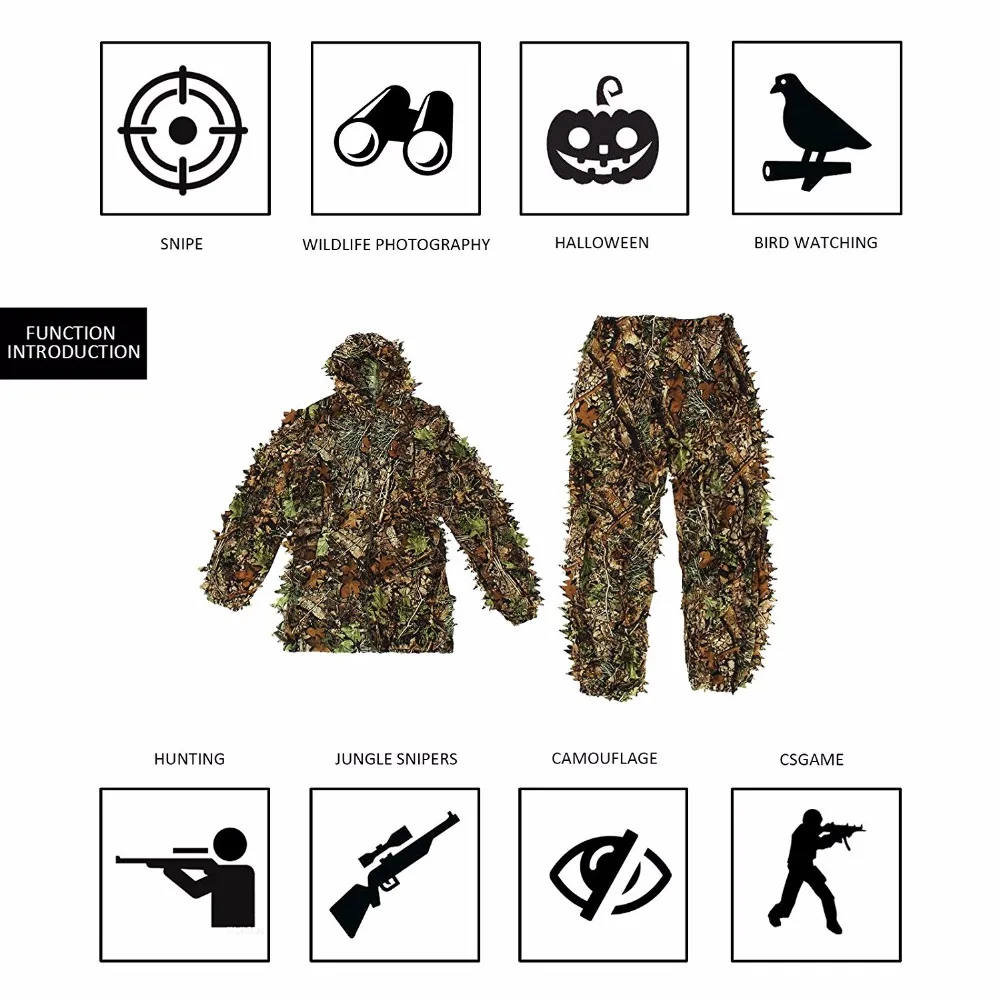3D Ghillie Suit Leaf Woodland Camouflage Clothing Hunting Army Sniper Military Clothes and Pants for Jungle | Спорт и развлечения