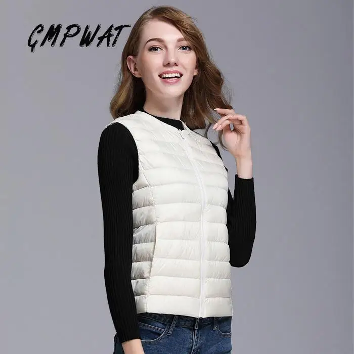 GMPWAT New Autumn Women White Duck Down Vest Ultra Light Jacket Winter Round Collar Peter Pan Slim Sleeveless Coat | Женская одежда