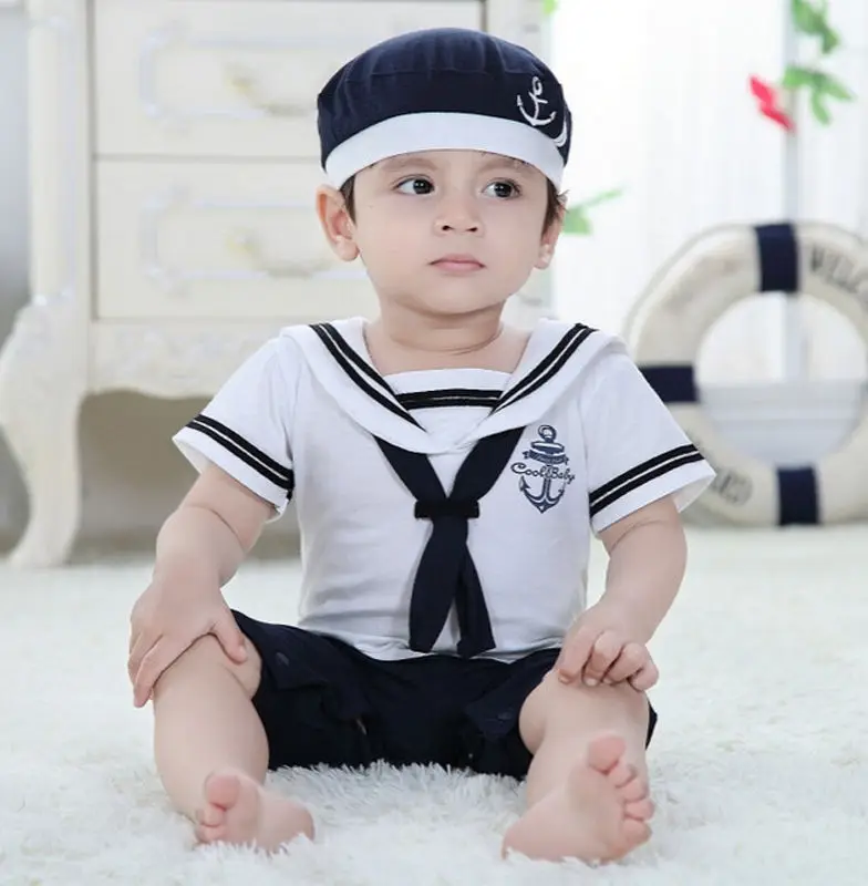 2PCS Toddler Boy Jumpsuits 0M-24m Newborn Baby Sailor Playsuit Outfit Set Romper Clothes+Hat |