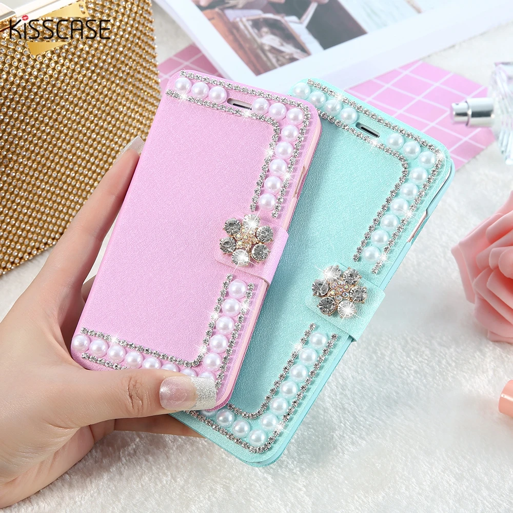 Kisscase кожа флип чехол для iPhone 6 S 7 Plus со стразами держатель кошелек Стенд Крышка 5 5S