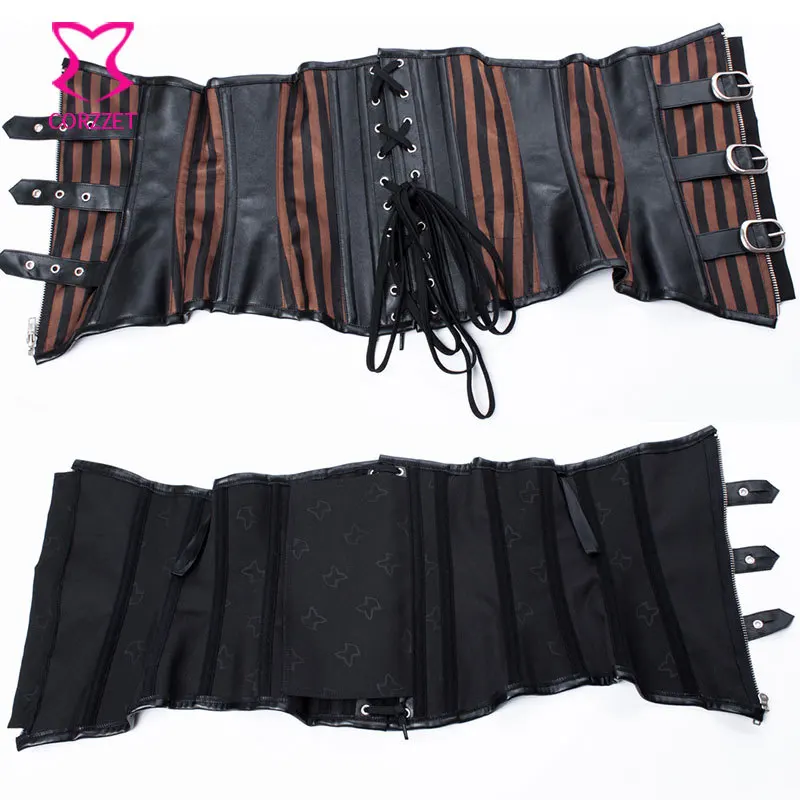 Готический стимпанк корсет под грудью черный кожаный и полосатый Атласный
