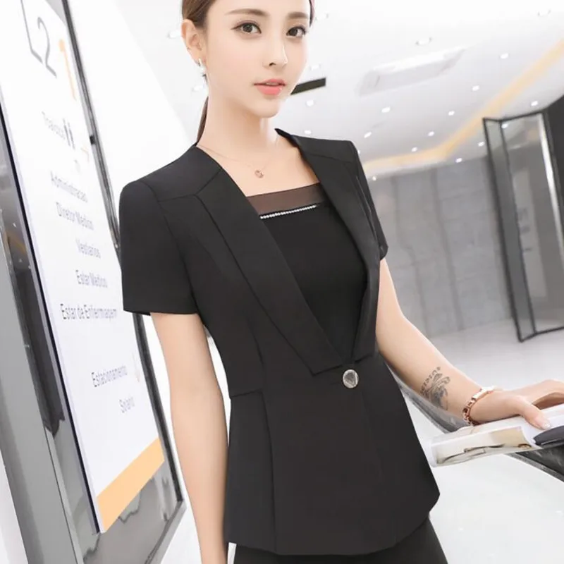 Модный деловой серый женщин блейзер Бизнес новые летние с коротким рукавом