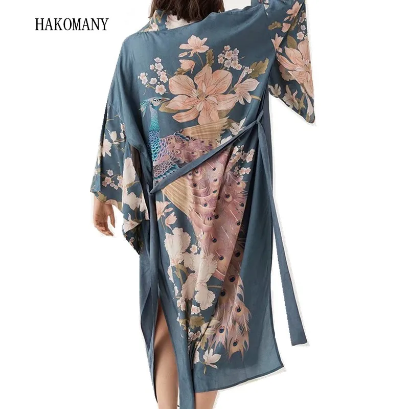 

2019 Ethnic New Lacing up Sashes Long Cardigan Loose Blouse Tops femme Bohemian V neck Peacock Flower Print Long Kimono Shirt
