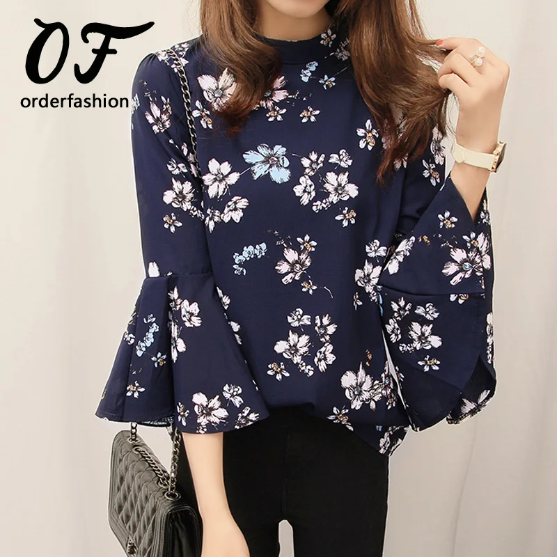 Женская шифоновая блузка с высоким воротником и расклешенными рукавами|women