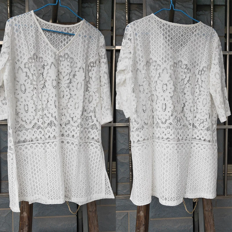 Женское кружевное пляжное платье белое ажурное мини с V образным вырезом и