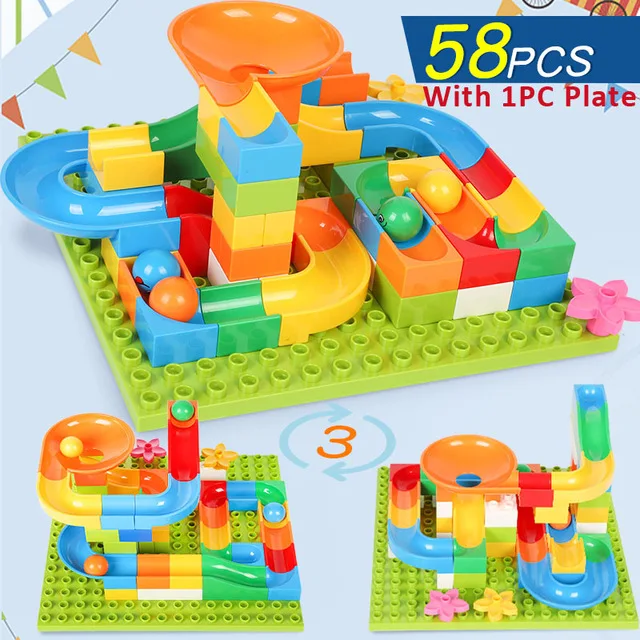 58PCS With 1 Plate 42-183 шт строительные мраморные гоночные беговые лабиринты с шариками, детские игровые блоки, детские игрушки, совместимые с Duploe - Цвет: 58PCS With 1 Plate