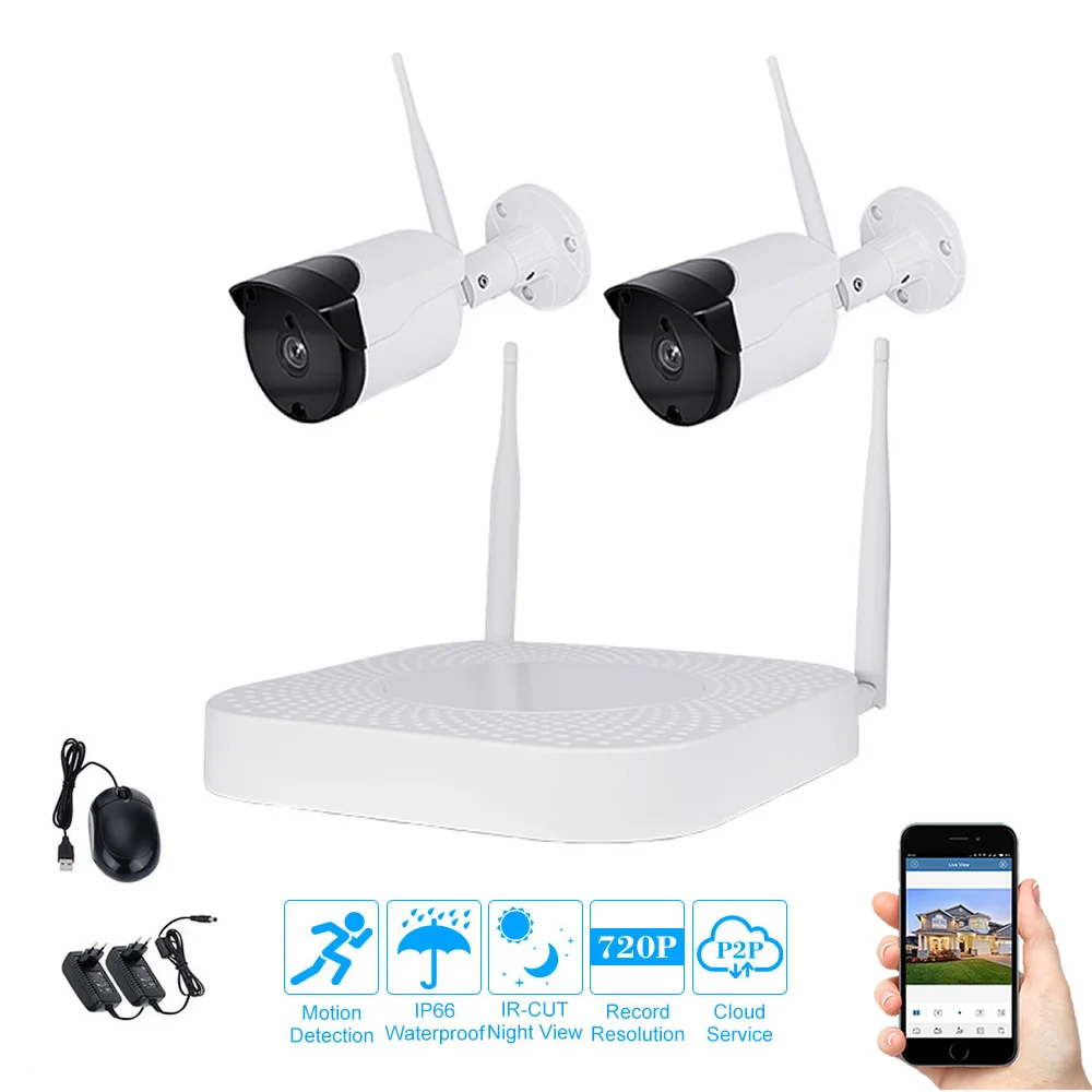 2 Камера Беспроводной безопасности Системы 720 P Wi Fi комплект 4ch NVR удаленного часы
