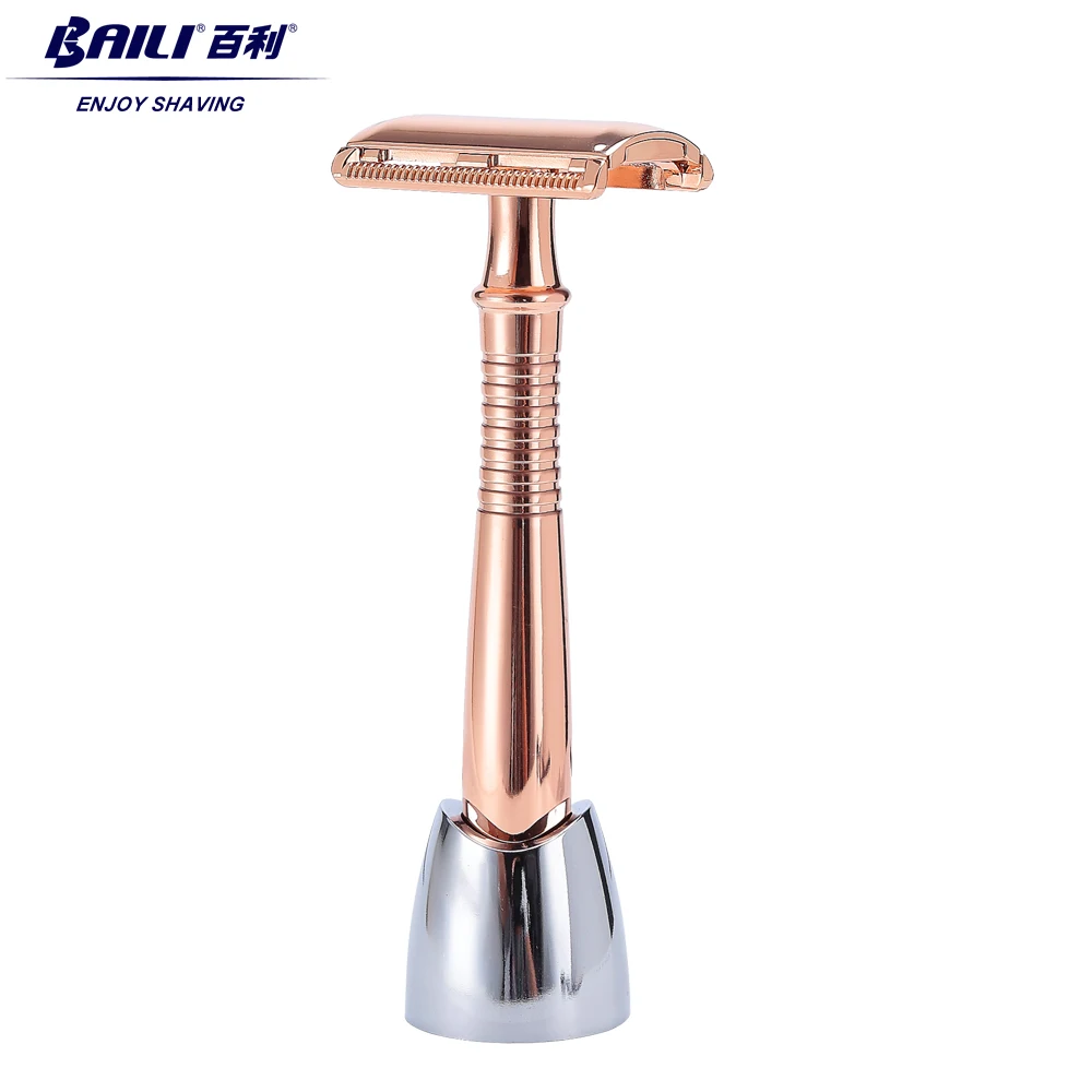 Rose Gold BAILI длинная ручка двойной край лезвие безопасной бритвы для парикмахерских мужчин бритья волос унисекс+ 5 Лезвия Сторонник/подставка/База BD194/BD193G - Цвет: Rose Gold