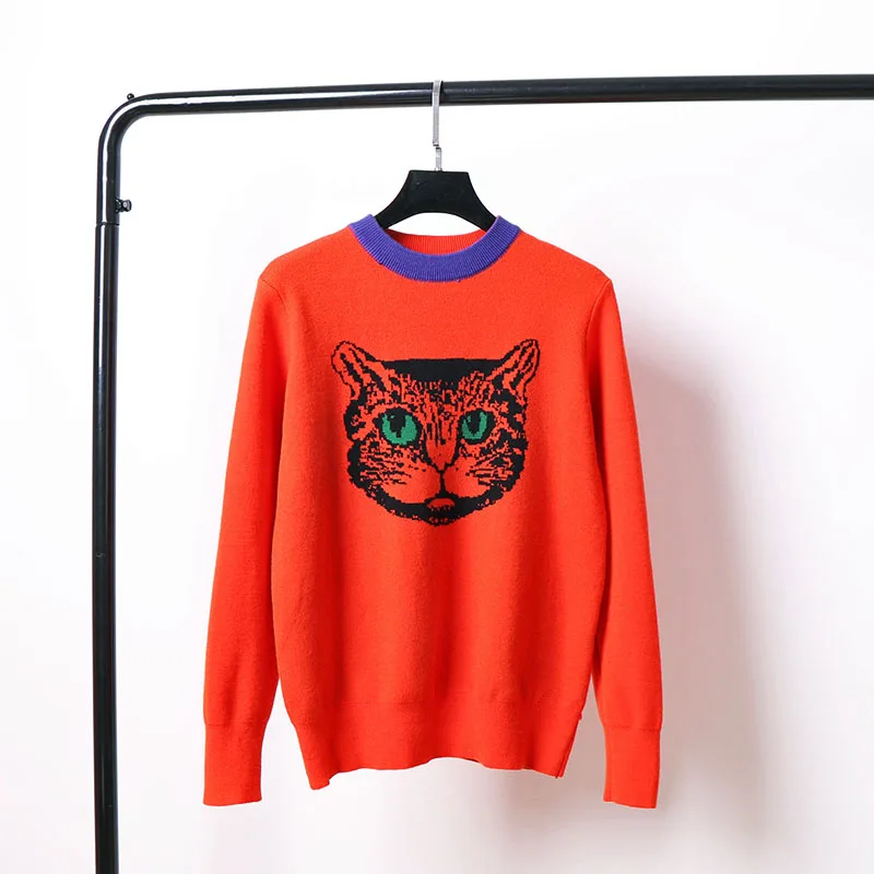 Runway Designer Red Cat Print Knitted Sweaters Pullovers Women 2018 Autumn Winter Long Sleeve Harajuku Sweet Jumper Clothes | Женская