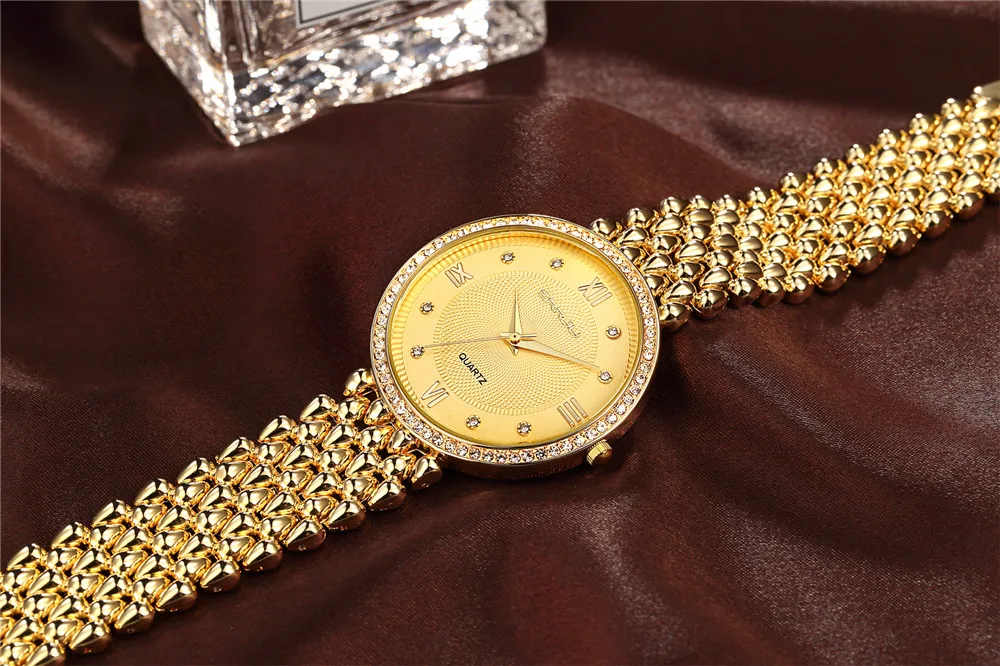 Часы CRRJU женские золотистые со стразами брендовые модные наручные Роскошные с