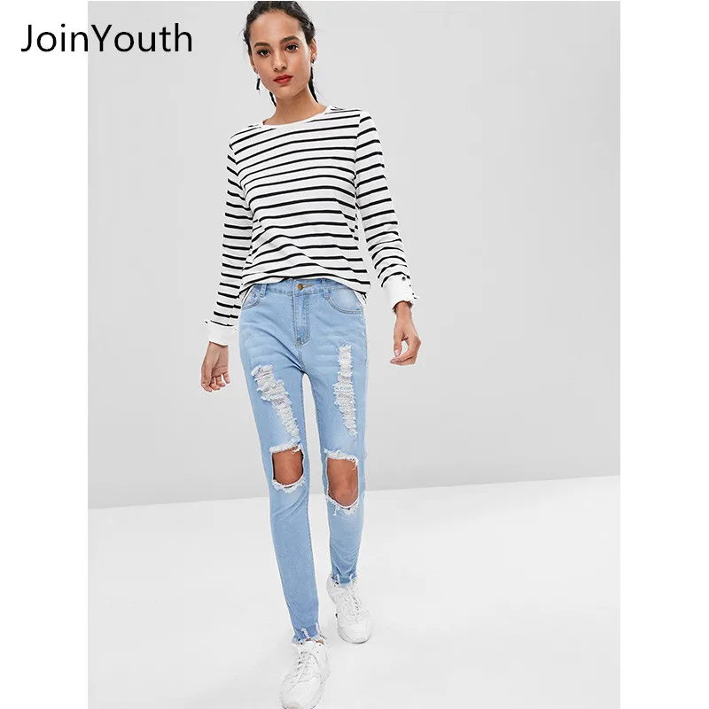 JoinYouth Женская Полосатая футболка с длинными рукавами и отворотами