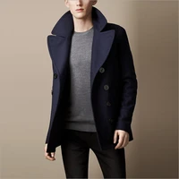 expensive luxury winter peacoat men short trench coat wool double breasted trenchcoat male pea coat navy color