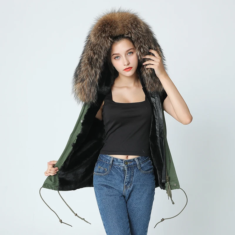 OFTBUY,, брендовая новая армейская зеленая зимняя куртка, пальто, женский меховой жилет, натуральный мех енота, воротник с капюшоном, верхняя одежда, парка