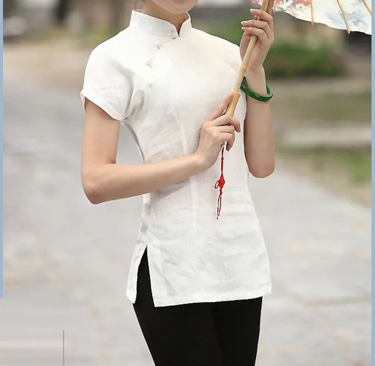 Женская рубашка с коротким рукавом в традиционном китайском стиле Ципао белая