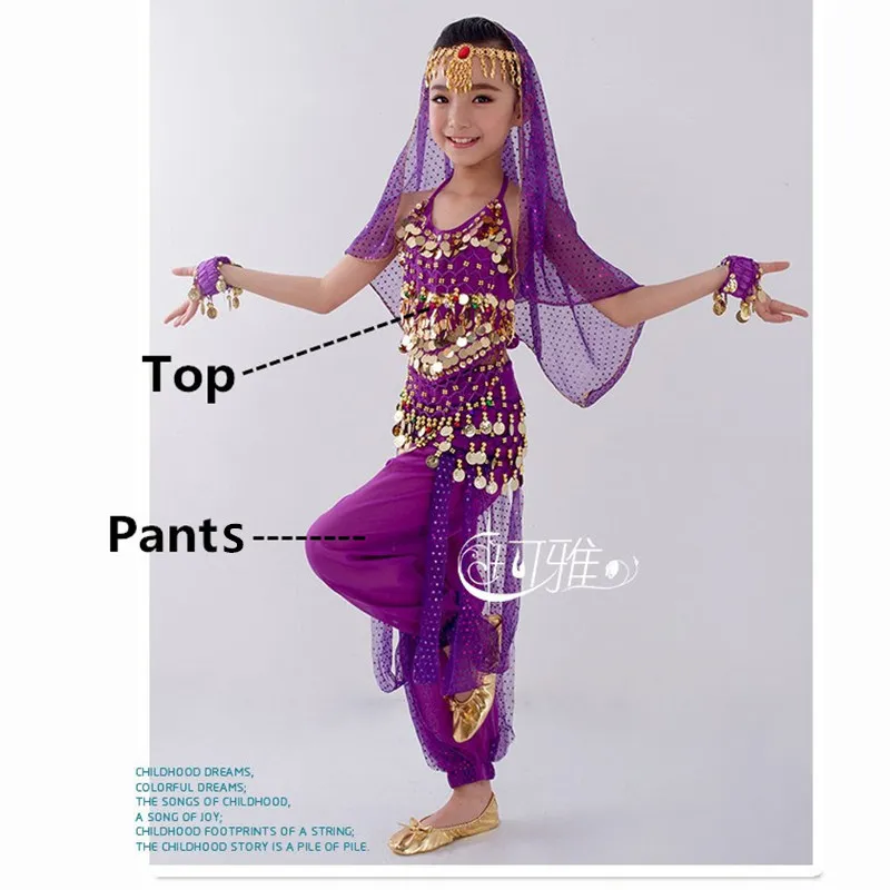Purple 2pcs Танец живота Дети танец живота костюмы для детей комплект для танца живота девочек Болливуд индийские выступления ручной работы одежда 6 цветов - Цвет: Purple 2pcs