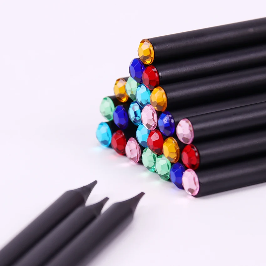Фото 12 шт. черный карандаш HB с разноцветными алмазами школьная живопись детский для