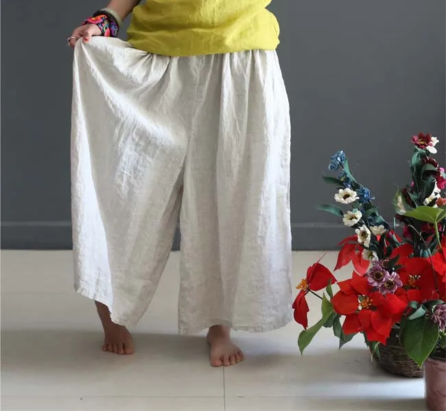 Женские льняные брюки с высокой талией летние свободные большого размера