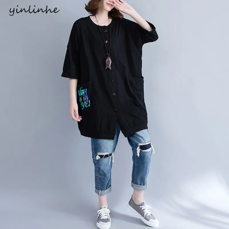 Yinlinhe новый плюс Размеры Для женщин летние длинные свободные Футболки черный