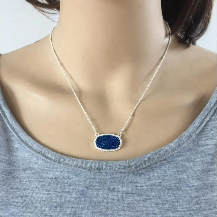 S Dark blue 11 цветов, серебристые друзы Drusy, ожерелья с подвесками, шестиугольник, акриловая смола, воротник, модный бренд, Женские Ювелирные изделия, вечерние, свадебные, для свиданий, подарок - Окраска металла: S Dark blue