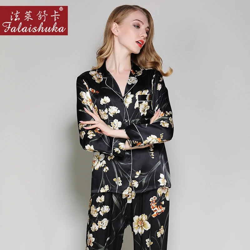 women 100% silk pajama sets spring autumn 2019 new female brandblack sexy flower print two pieces sets home sleepwear nightwear
