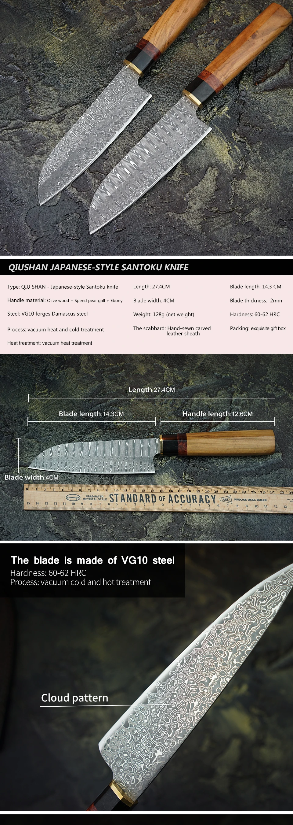 FZIZUO дамасский стальной нож шеф-повара японские ножи Santoku оливковая деревянная ручка кухонные инструменты для приготовления пищи с кожаной оболочкой ручной работы