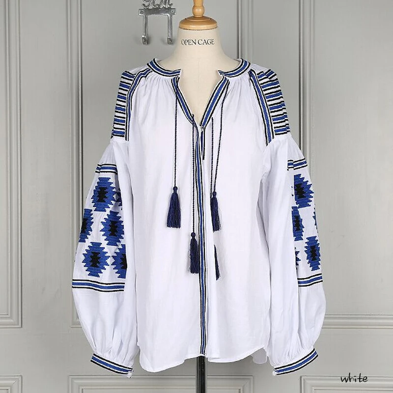 

YACKALASI Women cotton floral embroidered blouses tassel lantern sleeve loose Casual hippie women tops blouse and shirt