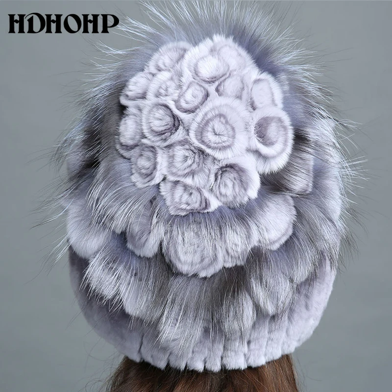 HDHOHR Новинка года зима Настоящее меховая шапка Для женщин из натурального кроличьего меха шапка с Серебряными Лисий Мех вязаные шапочки модные женские туфли меховые шапки