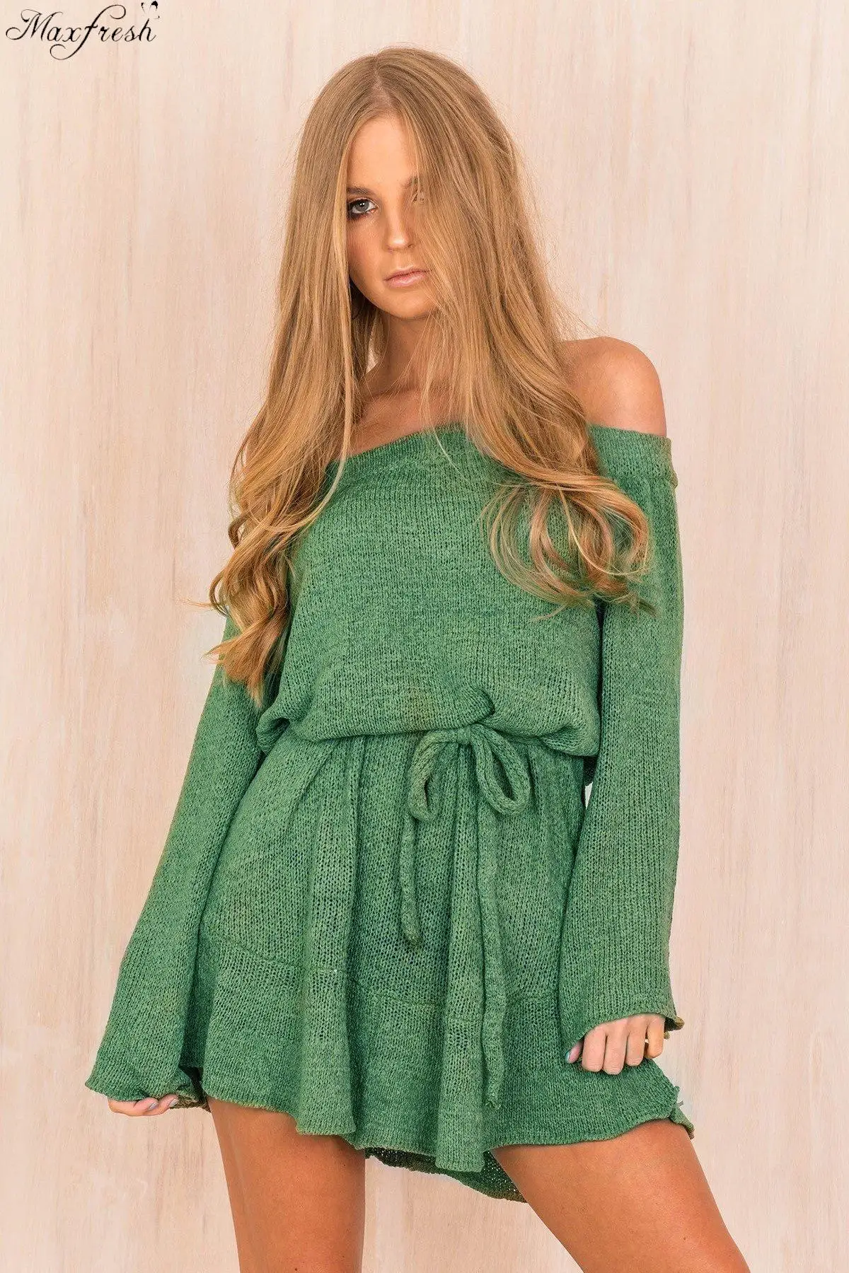 Maxfresh с открытыми плечами вязаный свитер платье женские пикантные сплошной цвет