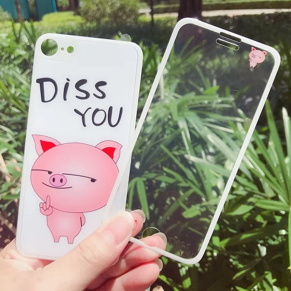 Pig Защитная задняя панель с мультяшным принтом+ Переднее стекло для iPhone 6 7 8 Plus 9 H полное закаленное стекло для iPhone 8 7 6 Защитная пленка для экрана - Цвет: Pig
