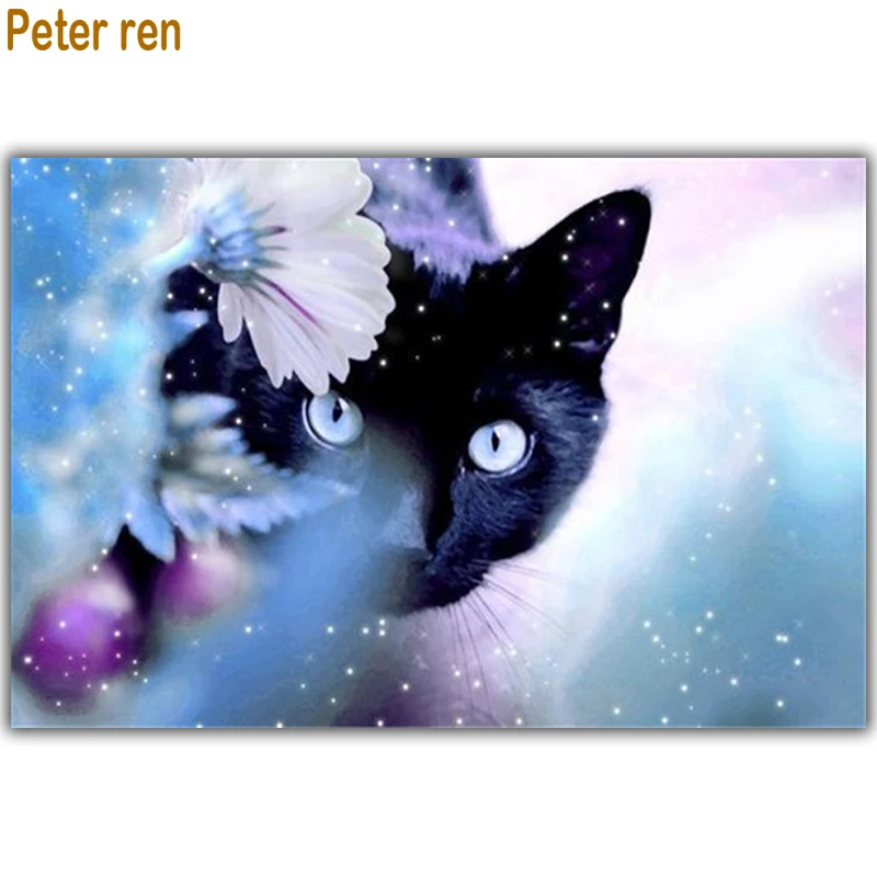

Peter ren Diamond painting by numbers Beaded embroidery kitten Round\Square drill Mosaic Full embroidery "Flower and black cat"