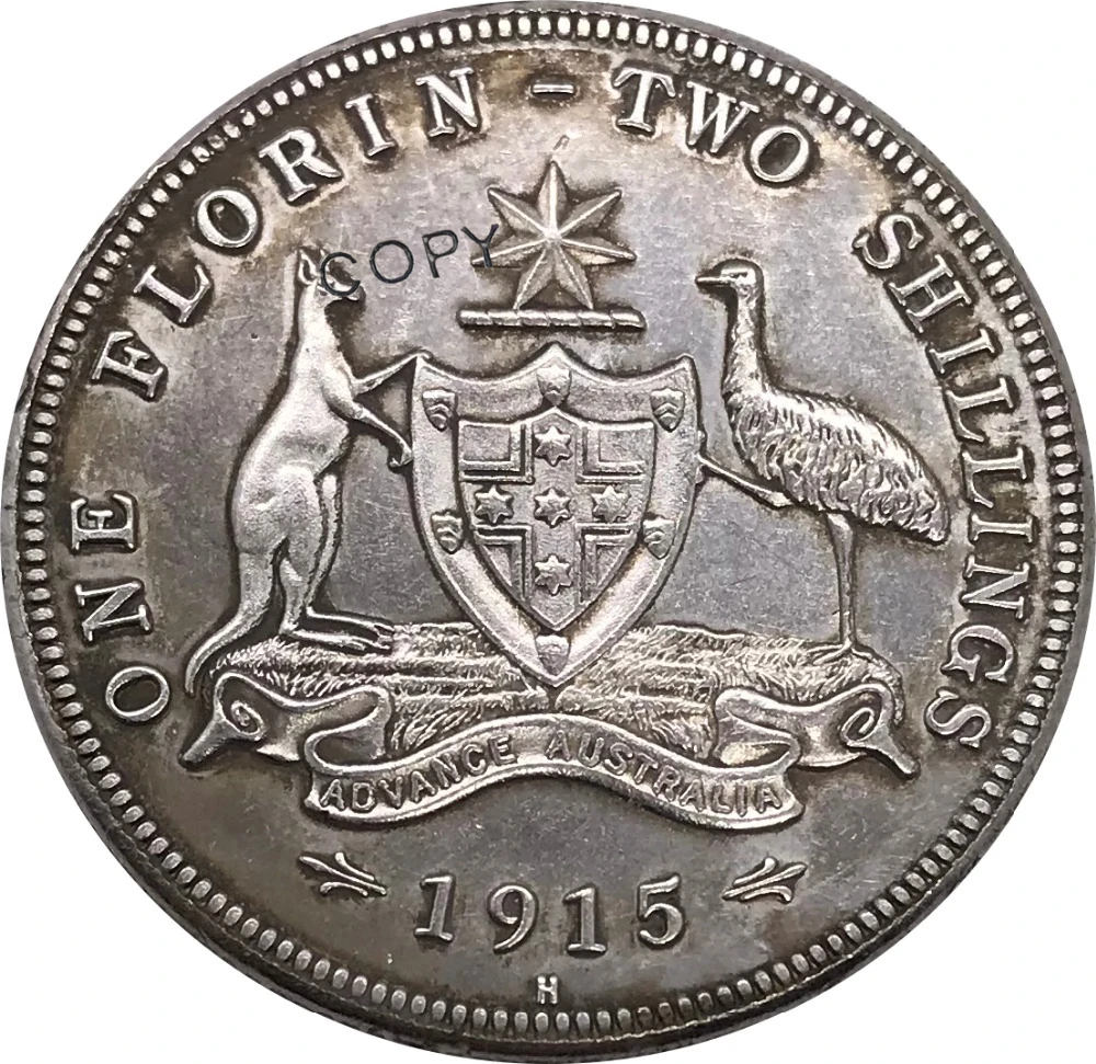 

Australia 1 One Florin Two Shillings George V 1915 H Advance Crowned Bust Left Cuproickel Plated Silver Copy Coins