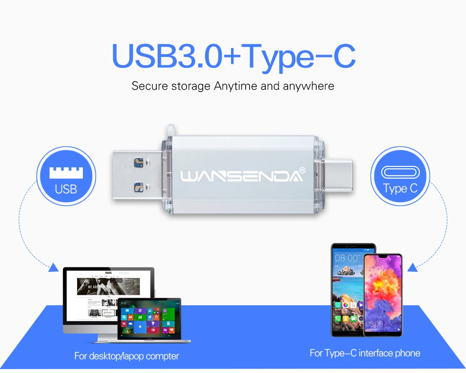 WANSENDA 2 в 1 type-C USB 3,0 флеш-накопители 512 ГБ 256 ГБ 128 ГБ флеш-накопитель для type C Android/PC 32 Гб 64 Гб флешки OTG