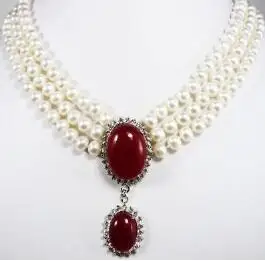 New Design 3 Rows White Pearl + 18kgp Red Pendant Necklace | Украшения и аксессуары